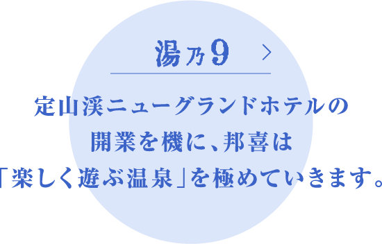 定山渓ニューグランドホテルの開業を機に、邦喜は「楽しく遊ぶ温泉」を極めていきます。