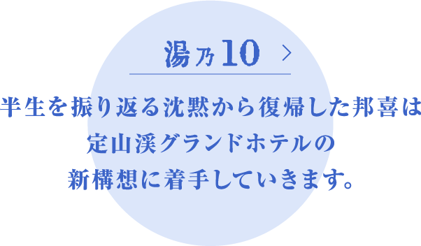 半生を振り返る沈黙から復帰した邦喜は定山渓グランドホテルの新構想に着手していきます｡